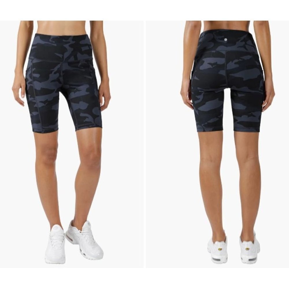 YOGALICIOUS Lux High Waist Biker Shorts with Pockets Camo Black Gray Size Small